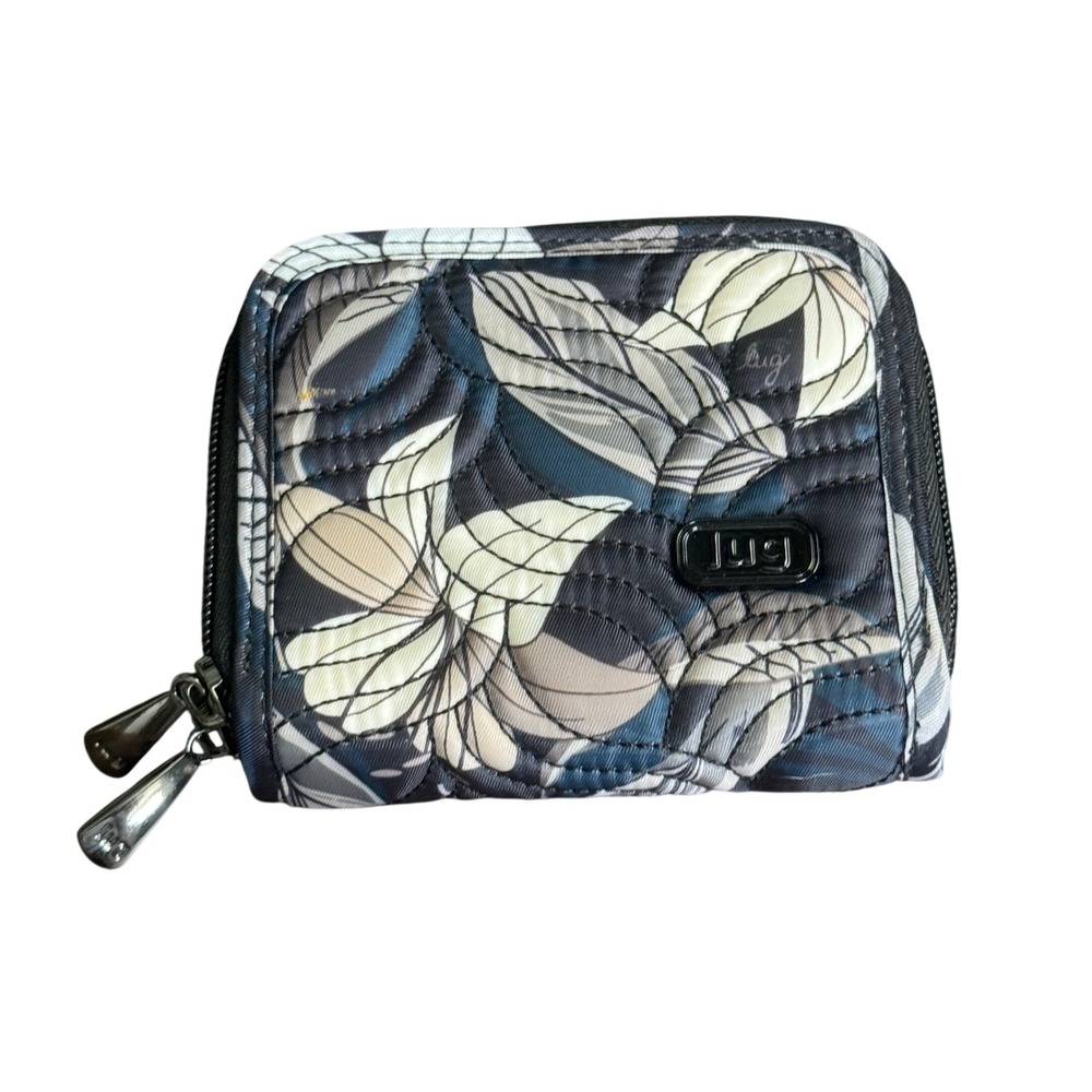Lug Splits Compact RFID Protected Wallet Quilted Floral Black Cream Zip Around